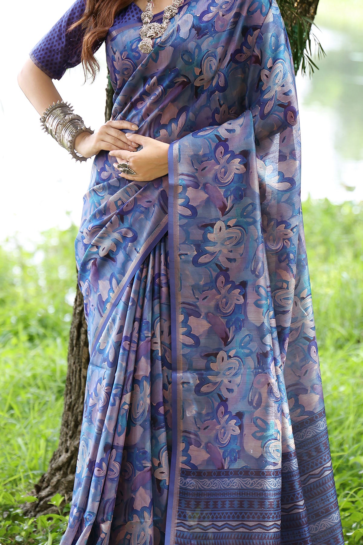 Cotton Silk Blue Printed Saree