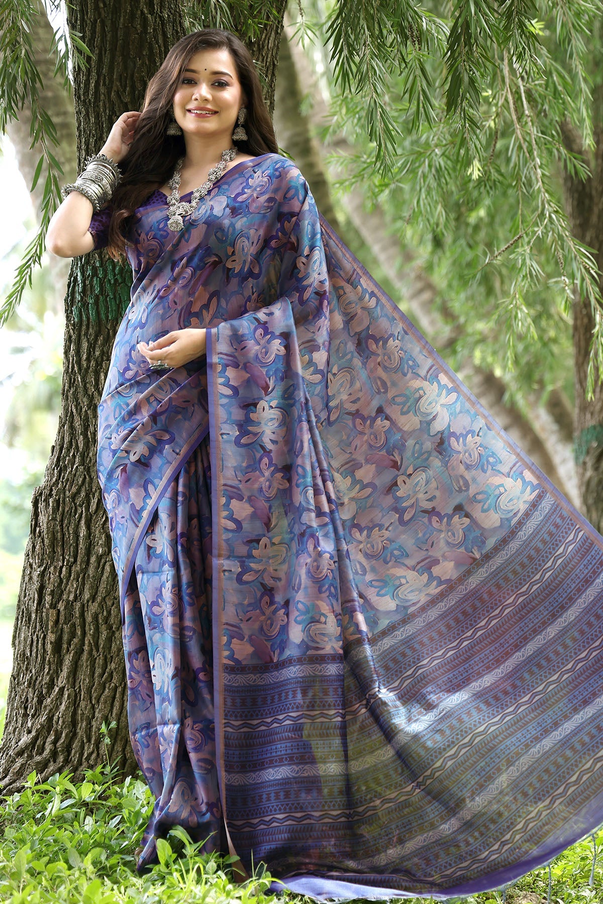 Buy Cotton Silk Blue Printed Saree by Lili Lala for women online at ScrollnShops