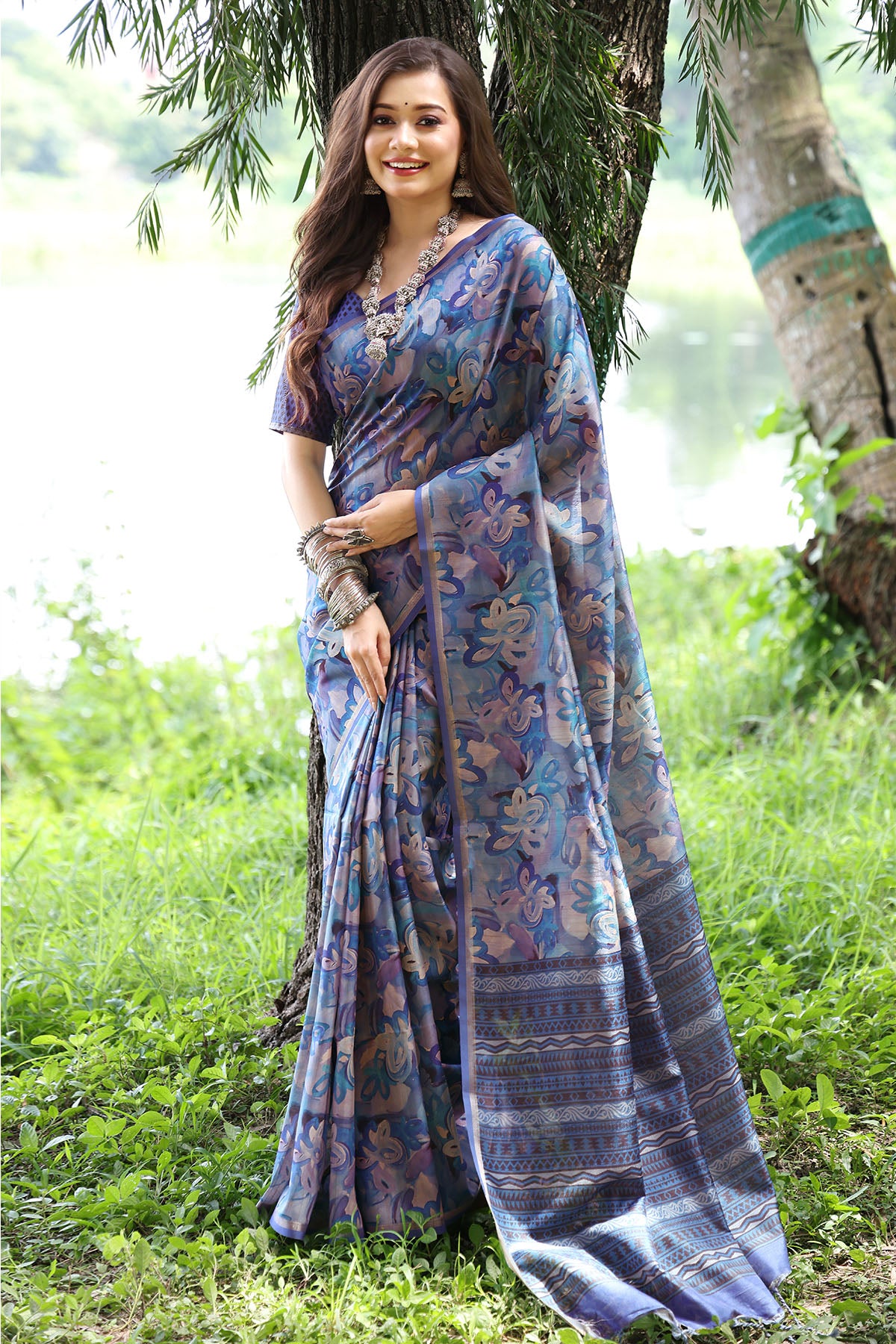 Cotton Silk Blue Printed Saree