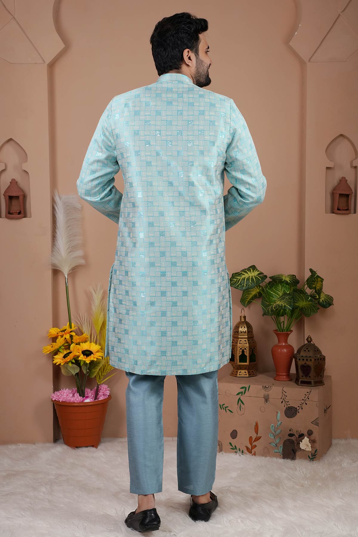 Cotton Silk Blue Sherwani Set