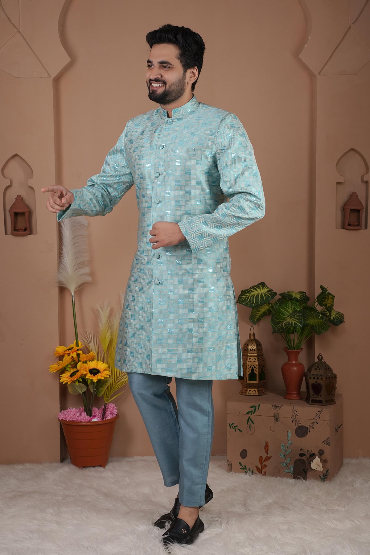 Buy Cotton Silk Blue Sherwani Set for men by Aastha Fashion online available at scrollnshops