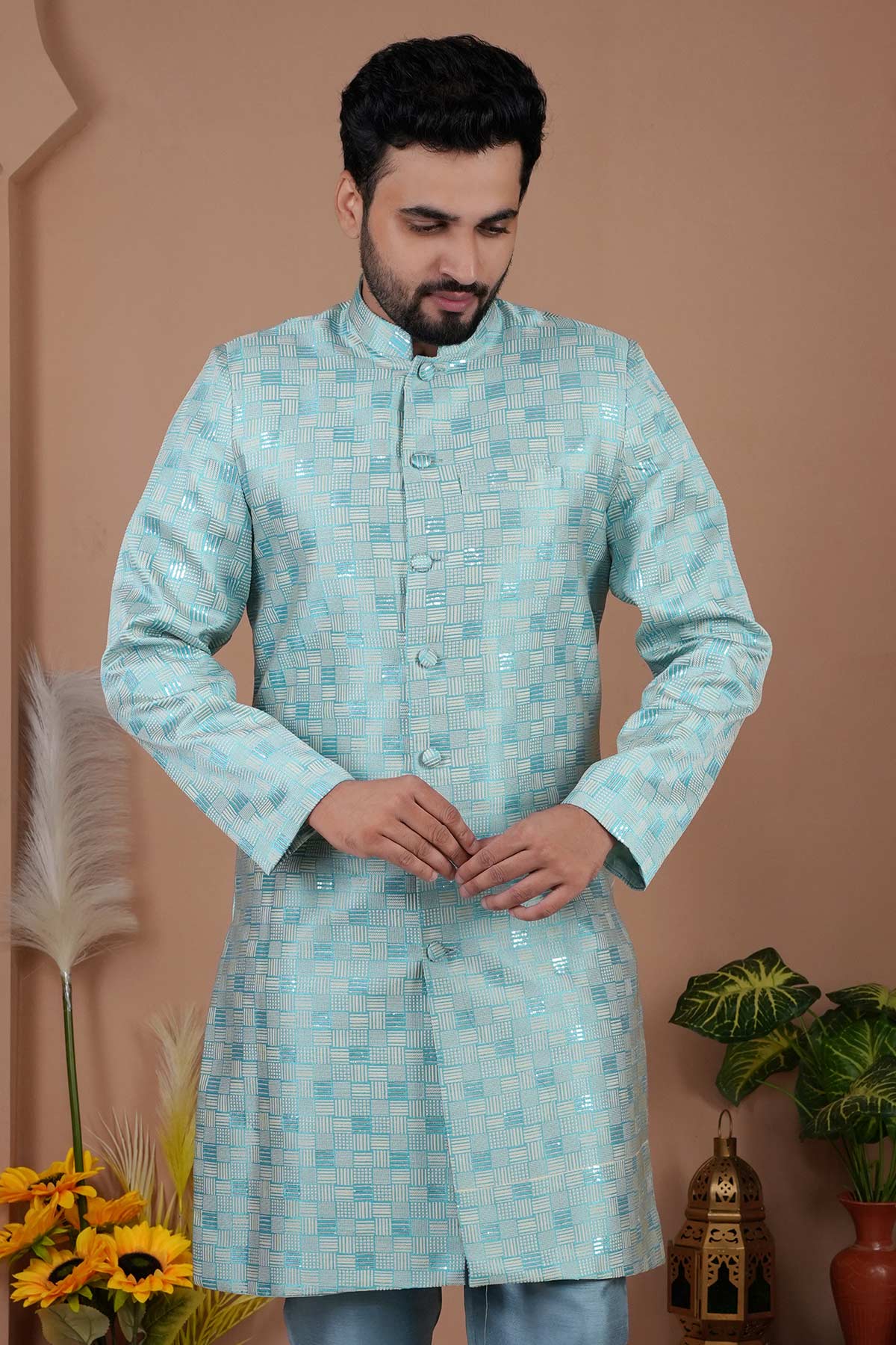 Cotton Silk Blue Sherwani Set