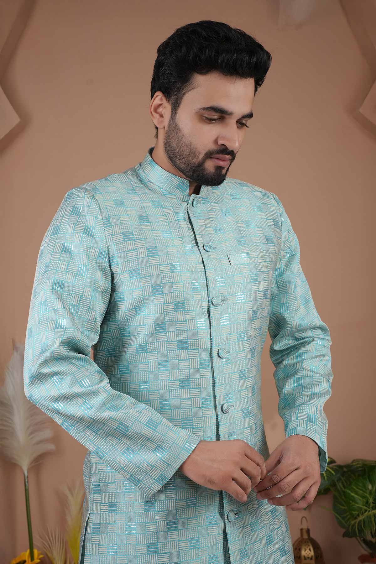 Cotton Silk Blue Sherwani Set