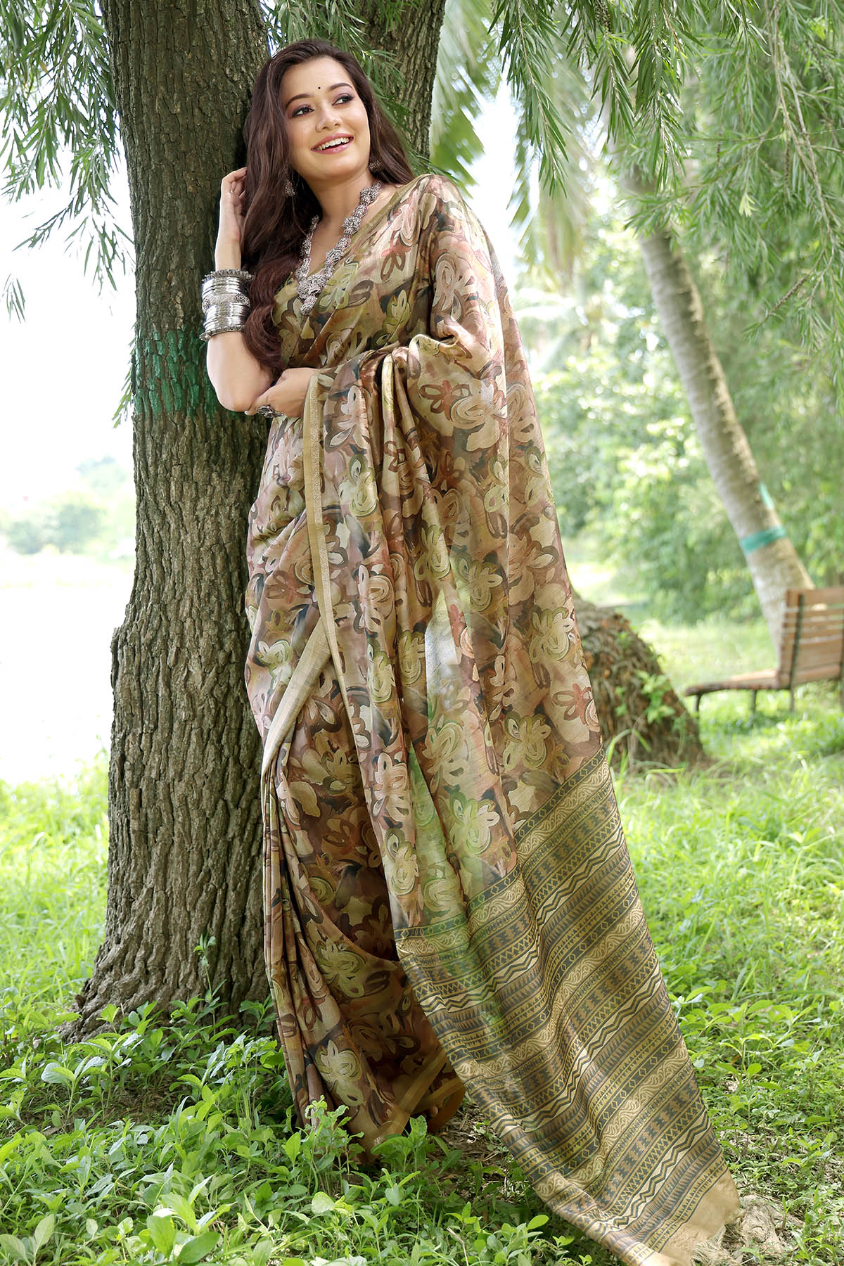 Buy Cotton Silk Coffee Printed Saree by Lili Lala for women online at ScrollnShops