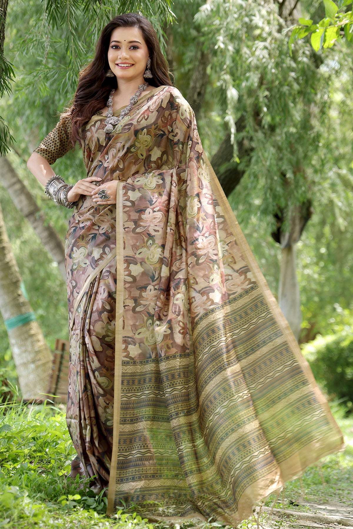 Cotton Silk Coffee Printed Saree