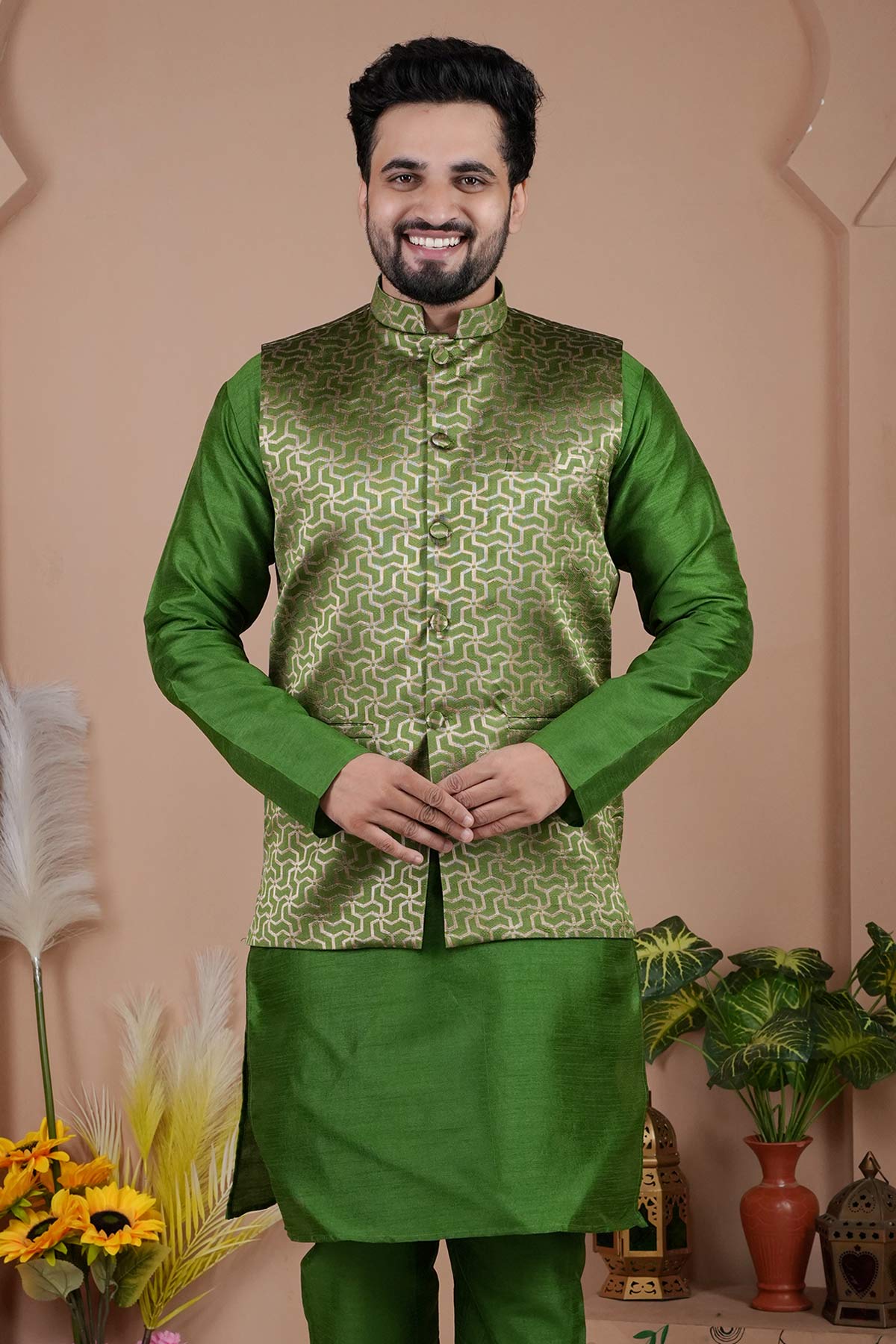 Buy Cotton Silk Green Bundi Jacket for men by Aastha Fashion online available at scrollnshops