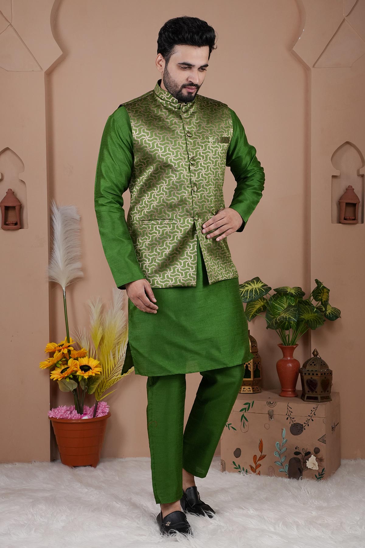 Cotton Silk Green Bundi Jacket