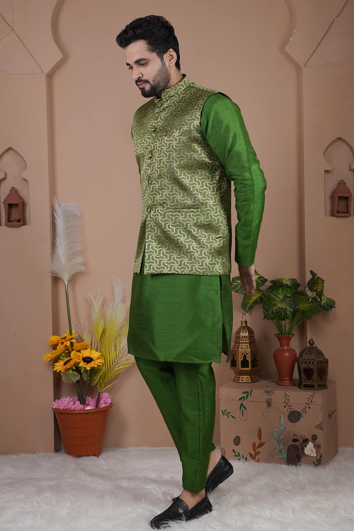 Cotton Silk Green Bundi Jacket