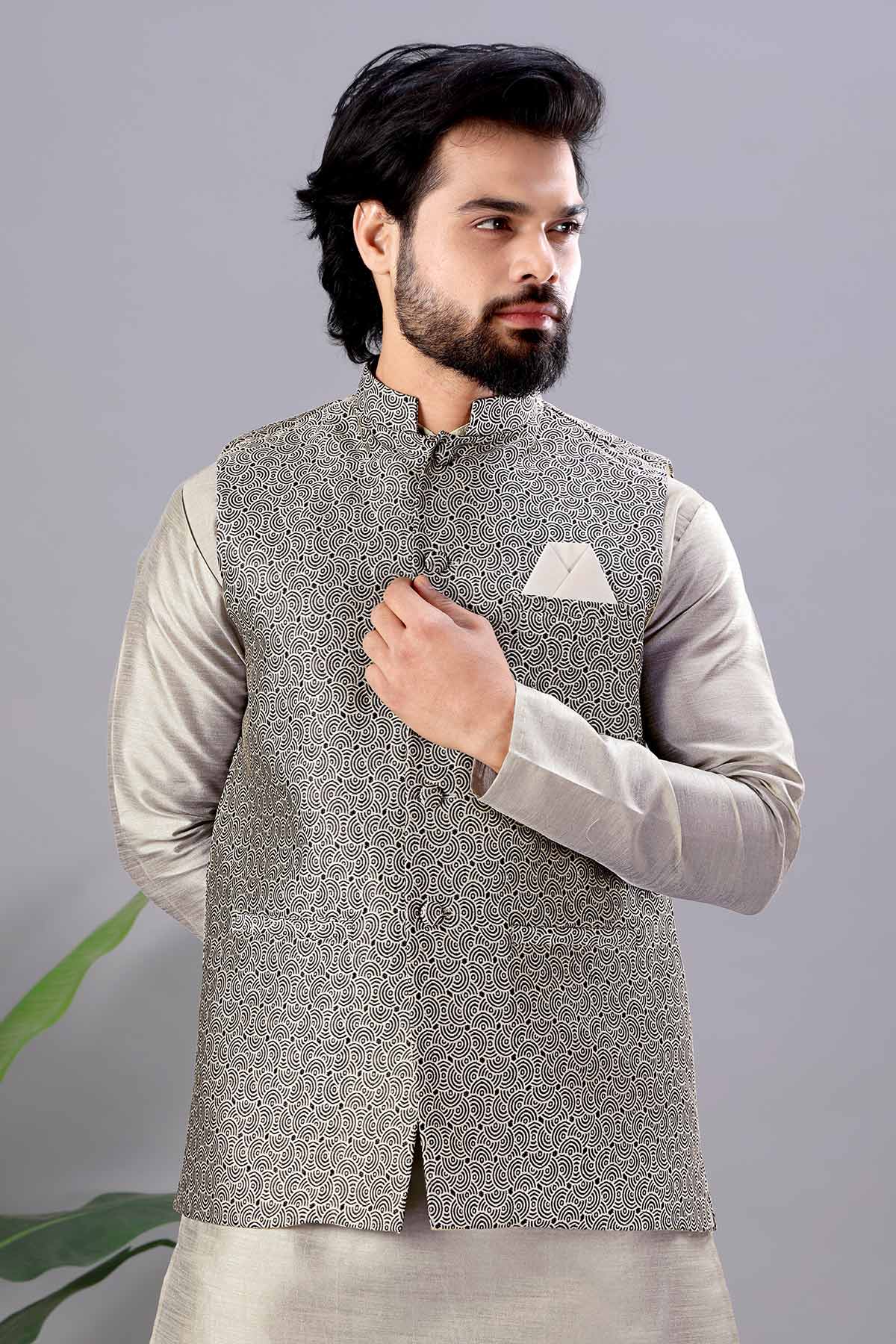 Buy Cotton Silk Grey Jacquard Bundi for men by Aastha Fashion online available at scrollnshops
