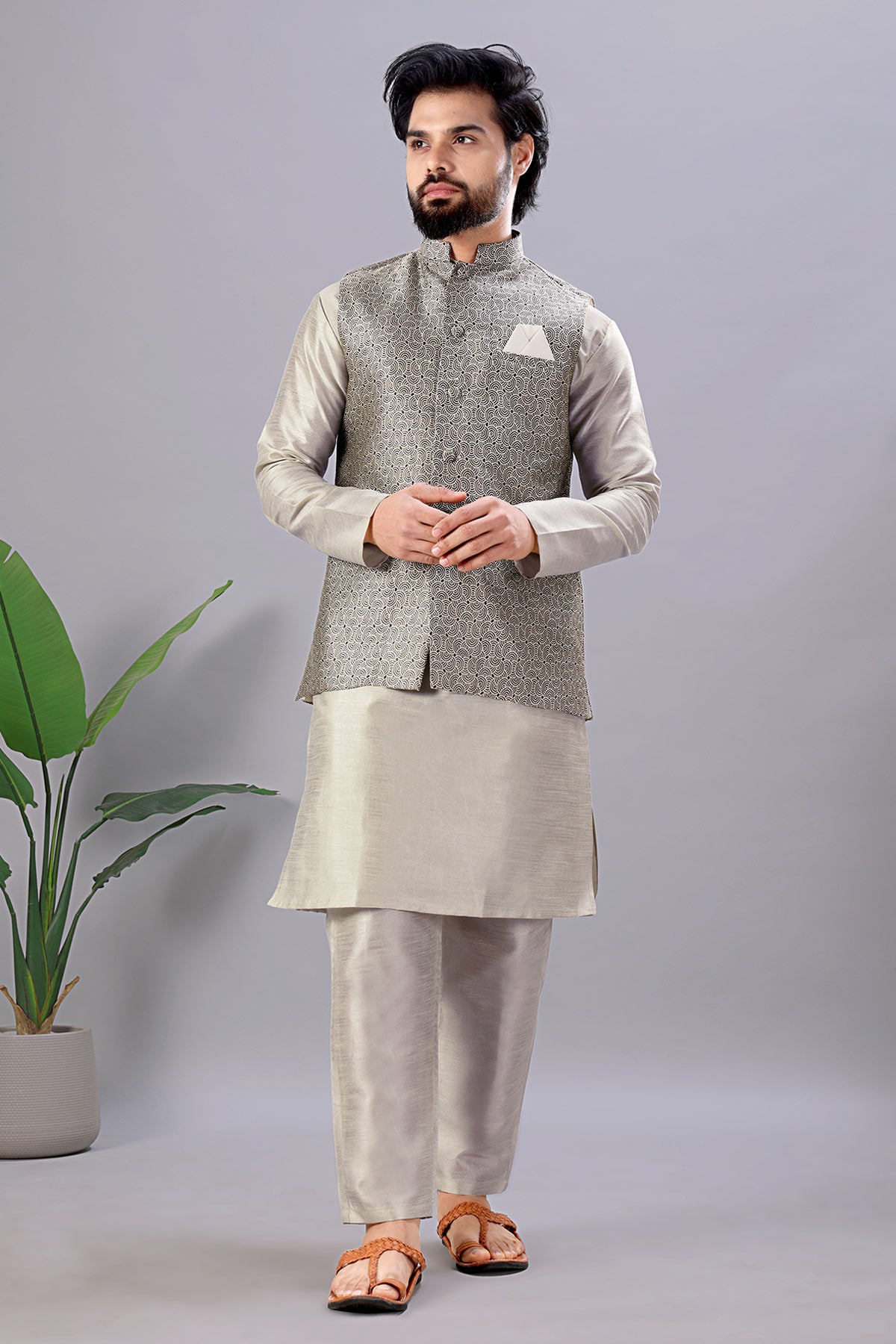 Cotton Silk Grey Jacquard Bundi