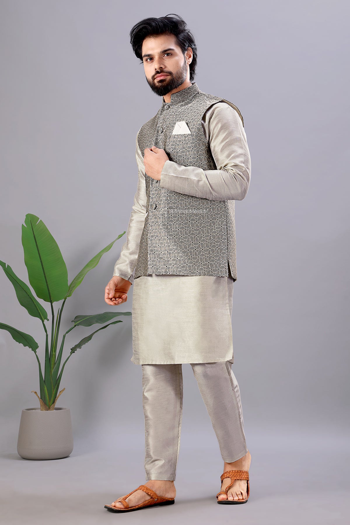 Cotton Silk Grey Jacquard Bundi