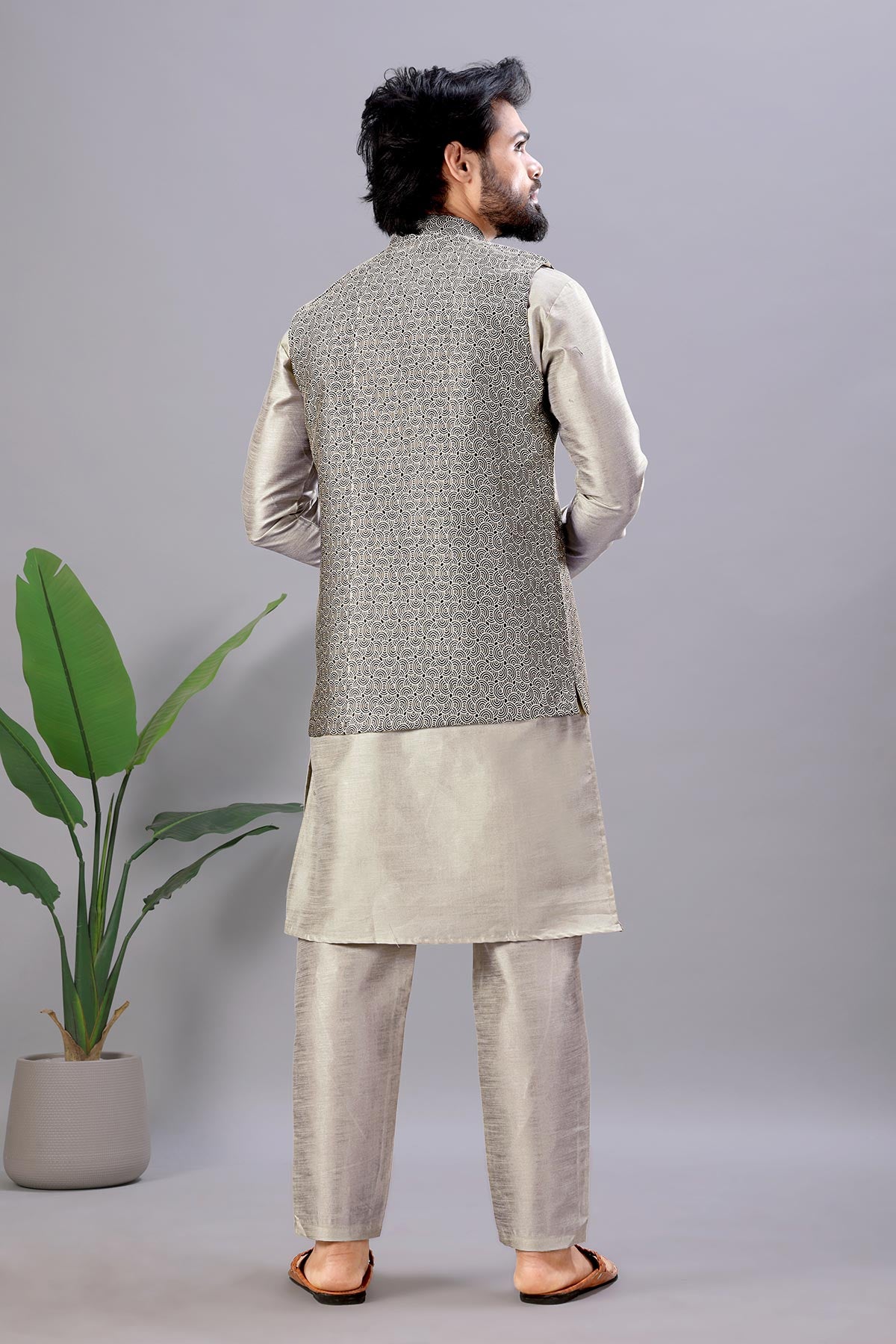 Cotton Silk Grey Jacquard Bundi