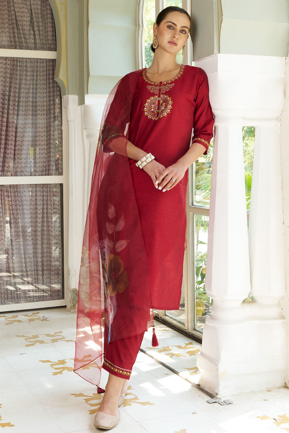Buy Cotton Silk Maroon Kurta Set for women by Aastha Fashion online available at scrollnshops