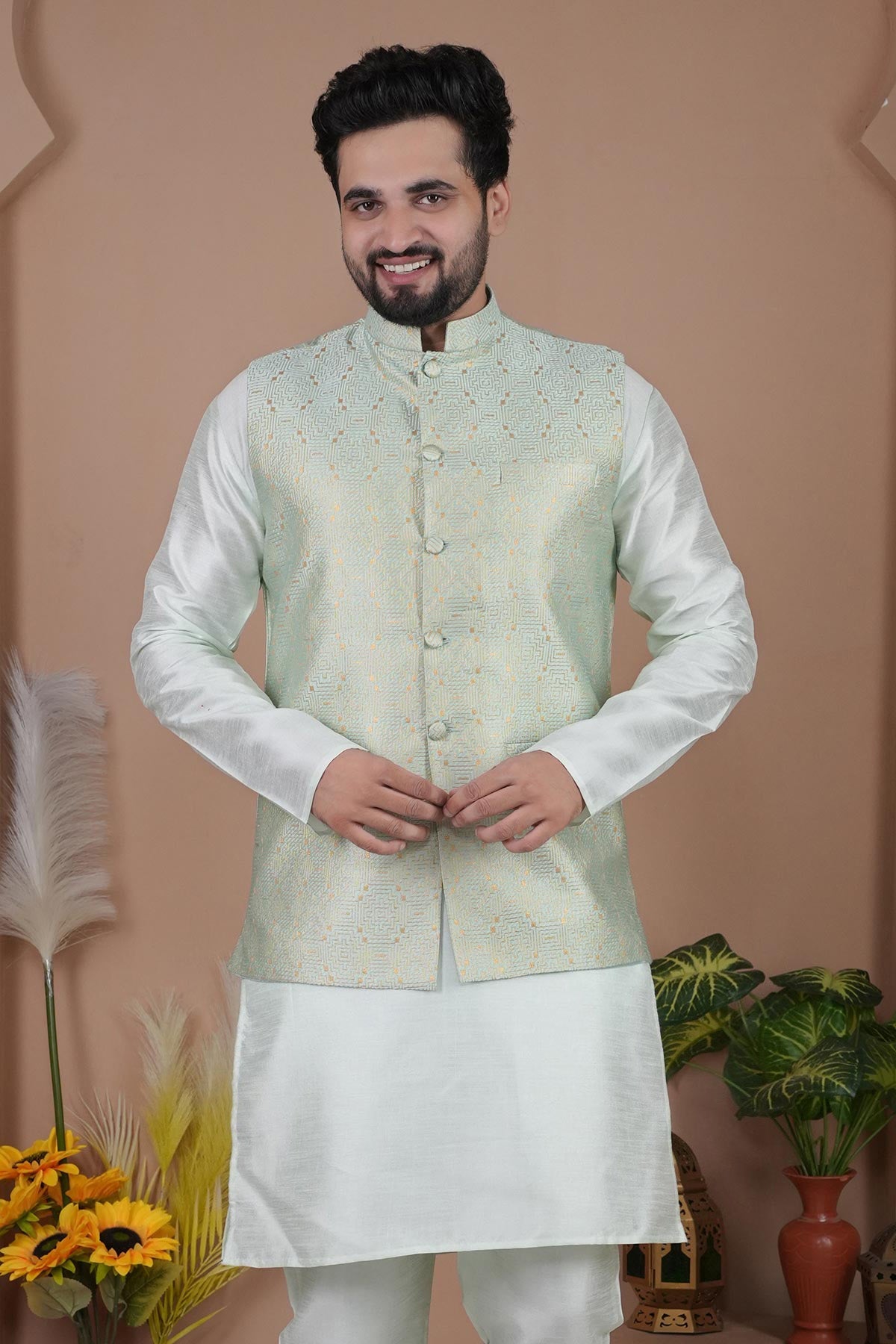 Buy Cotton Silk Pista Bundi Jacket for men by Aastha Fashion online available at scrollnshops