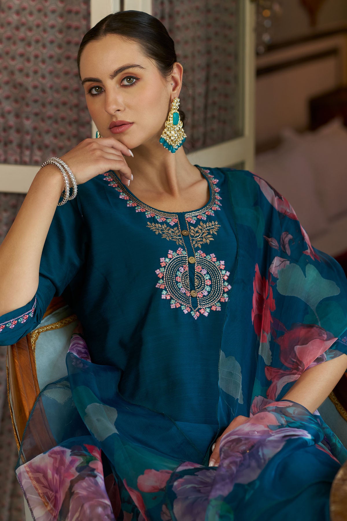 Cotton Silk Teal Blue Kurta Set
