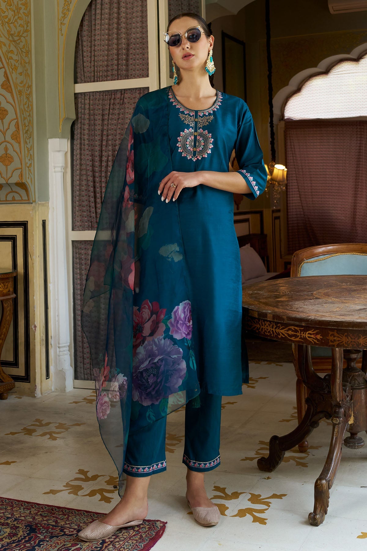 Buy Cotton Silk Teal Blue Kurta Set for women by Aastha Fashion online available at scrollnshops