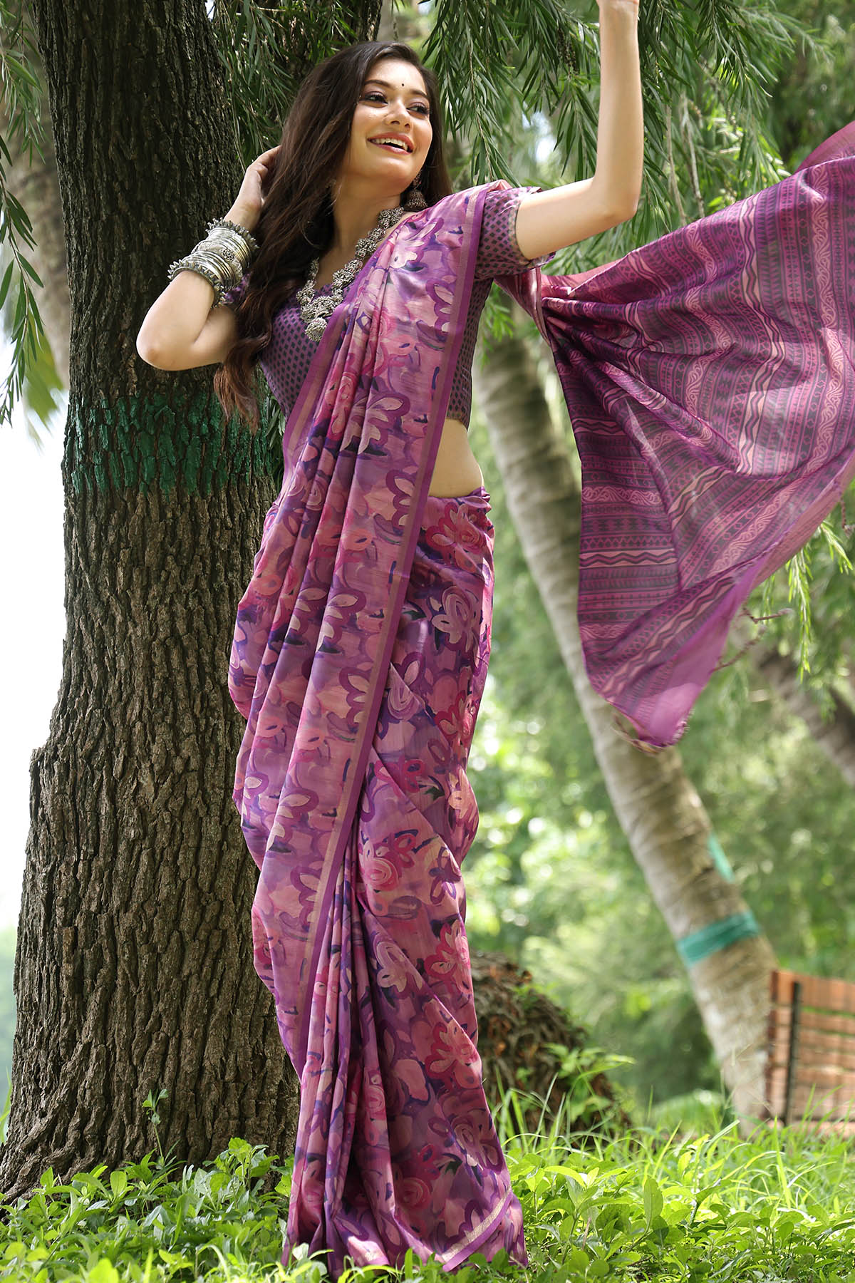 Buy Cotton Silk Wine Printed Saree by Lili Lala for women online at ScrollnShops