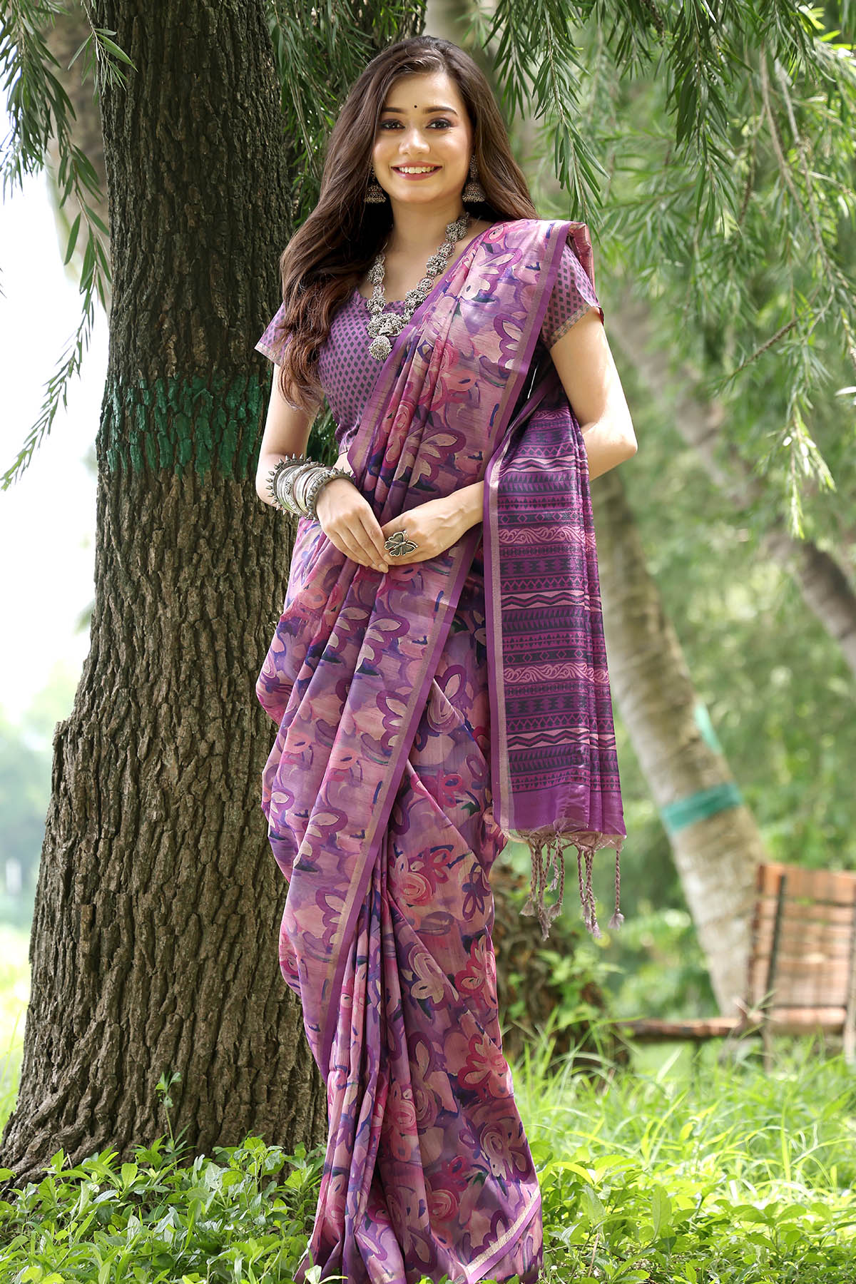 Cotton Silk Wine Printed Saree