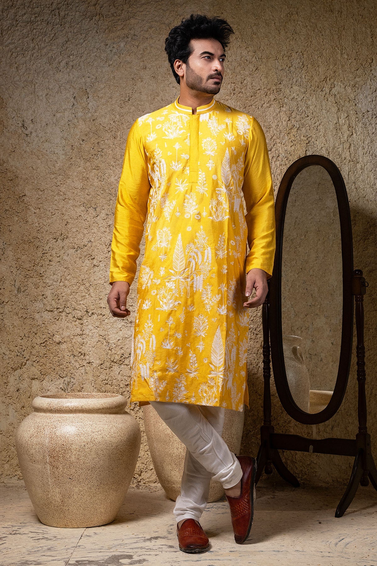 Buy Cotton Silk Yellow Kurta Set by Priyanka Haralalka for men online at ScrollnShops