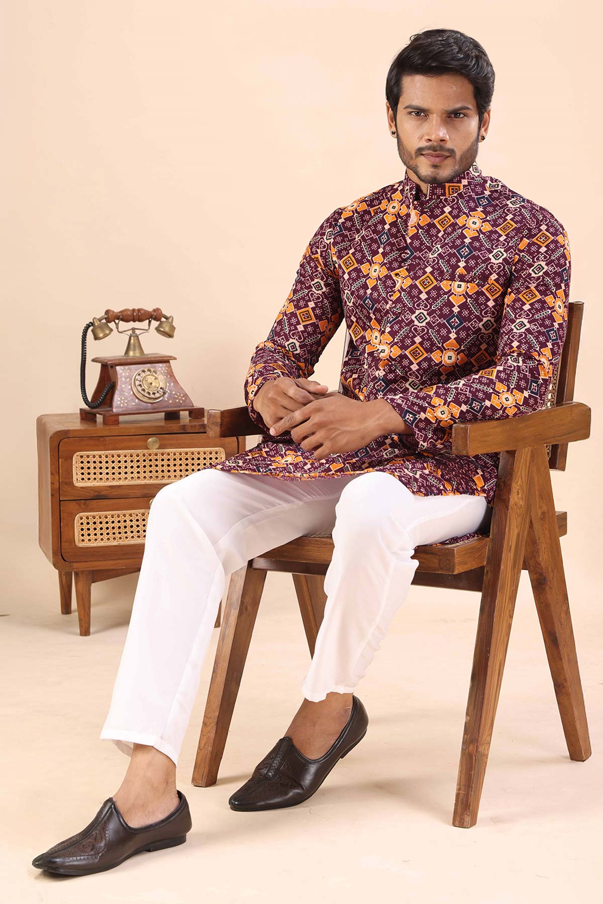Cotton Wine Print Collar Kurta