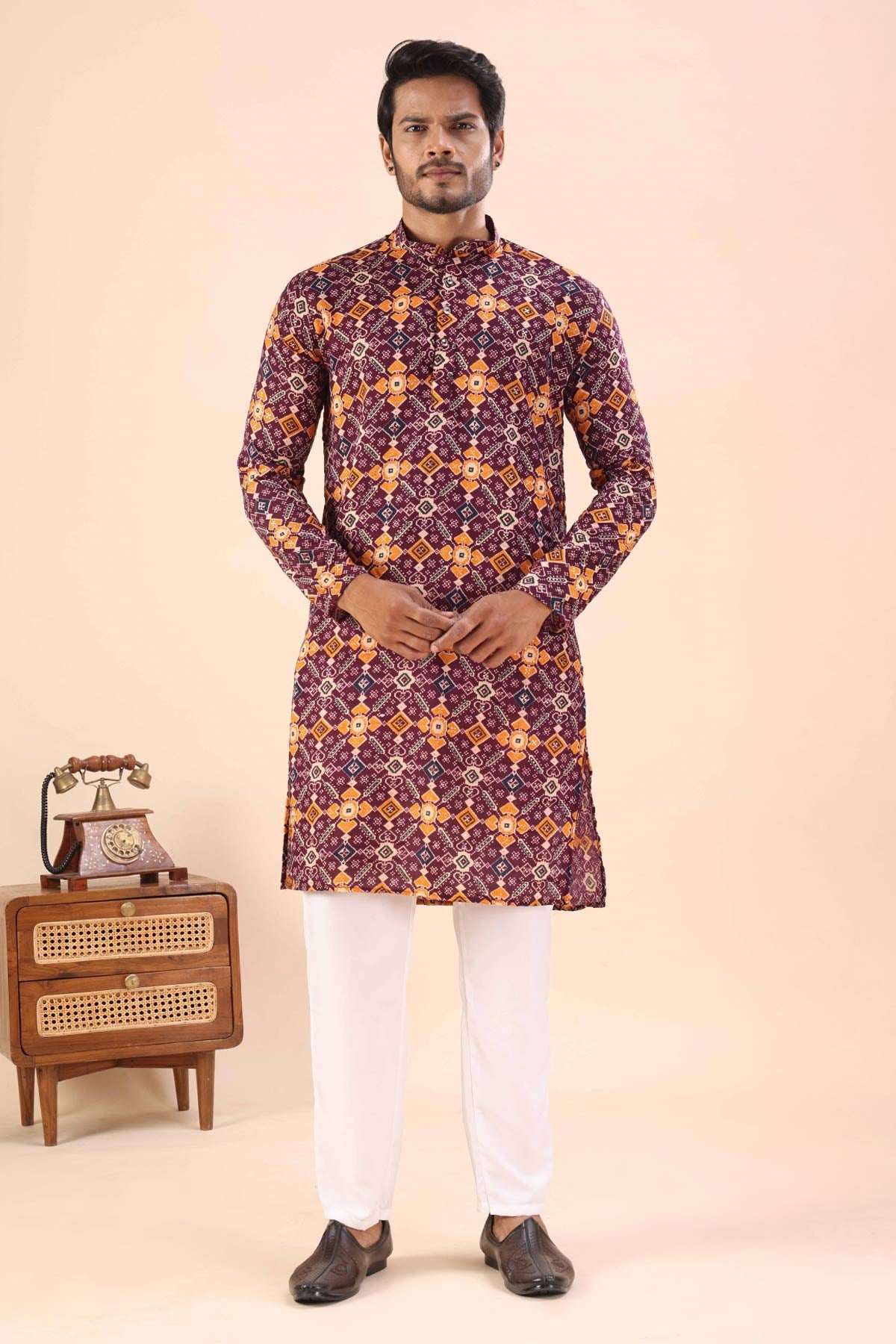 Buy Cotton Wine Print Collar Kurta for men by Aastha Fashion online available at scrollnshops