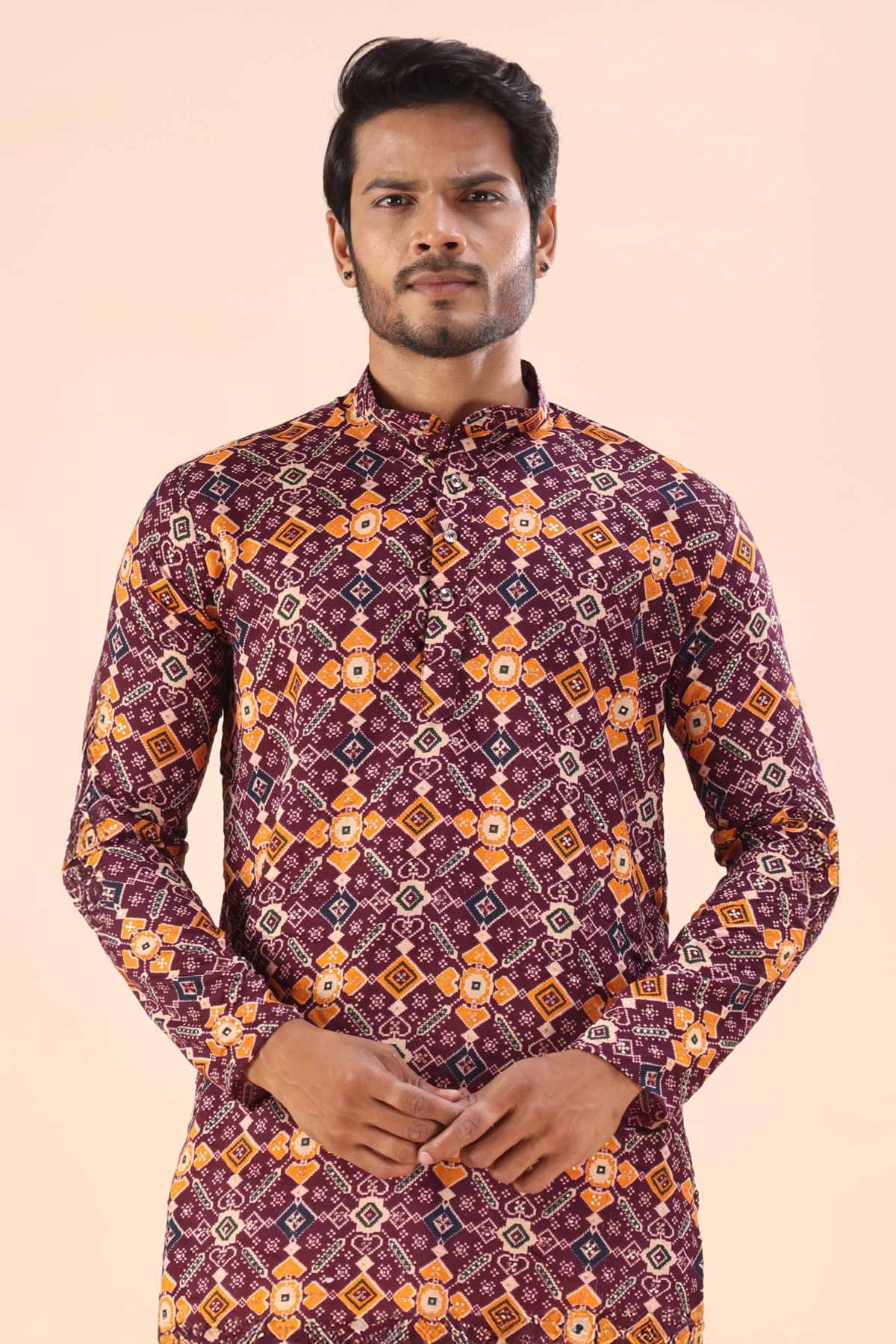 Cotton Wine Print Collar Kurta