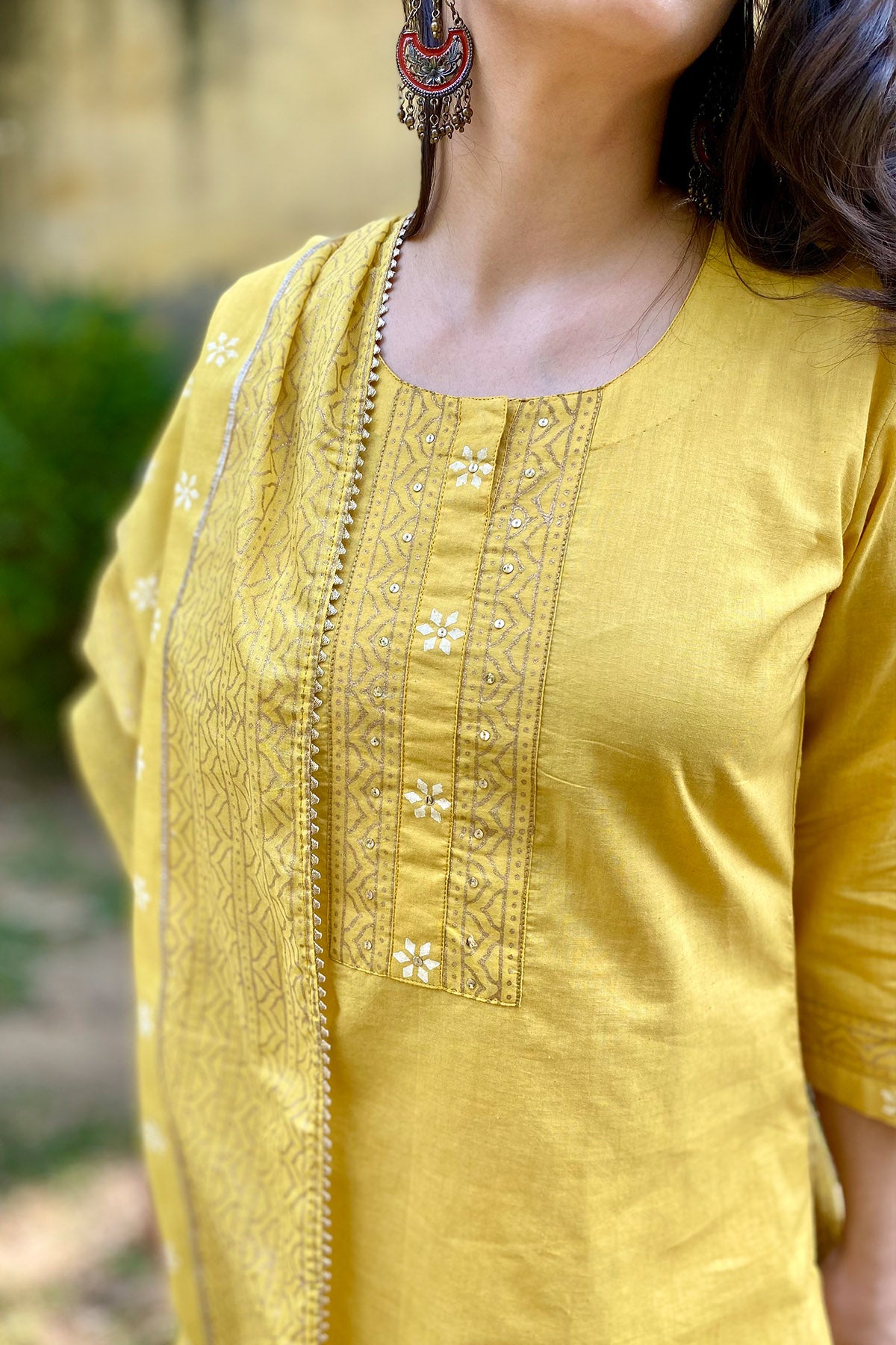 Cotton Yellow Printed Kurta Set