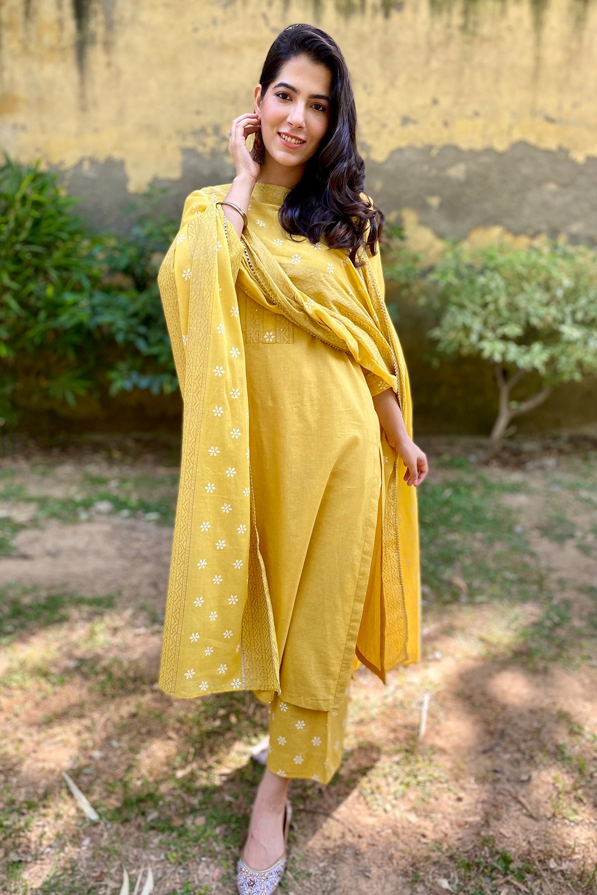 Cotton Yellow Printed Kurta Set
