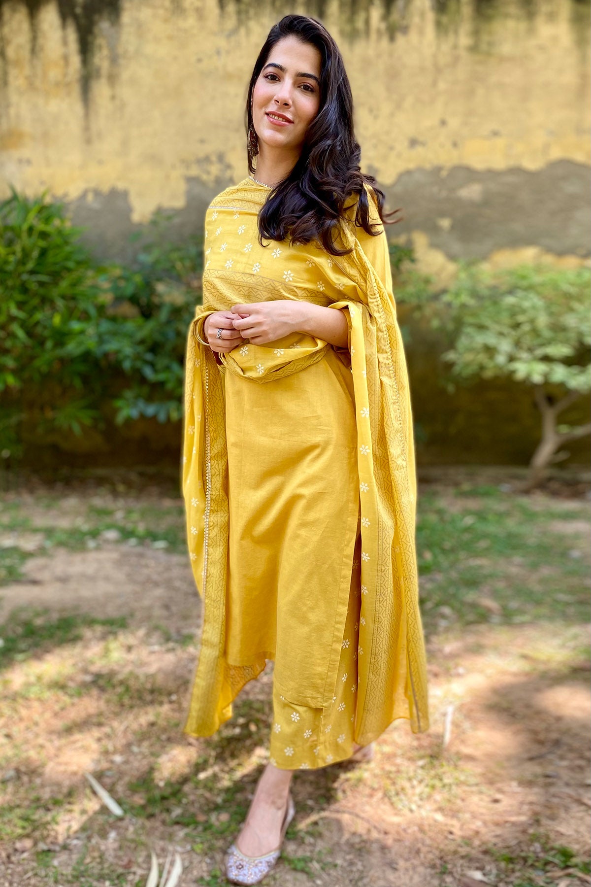 Cotton Yellow Printed Kurta Set