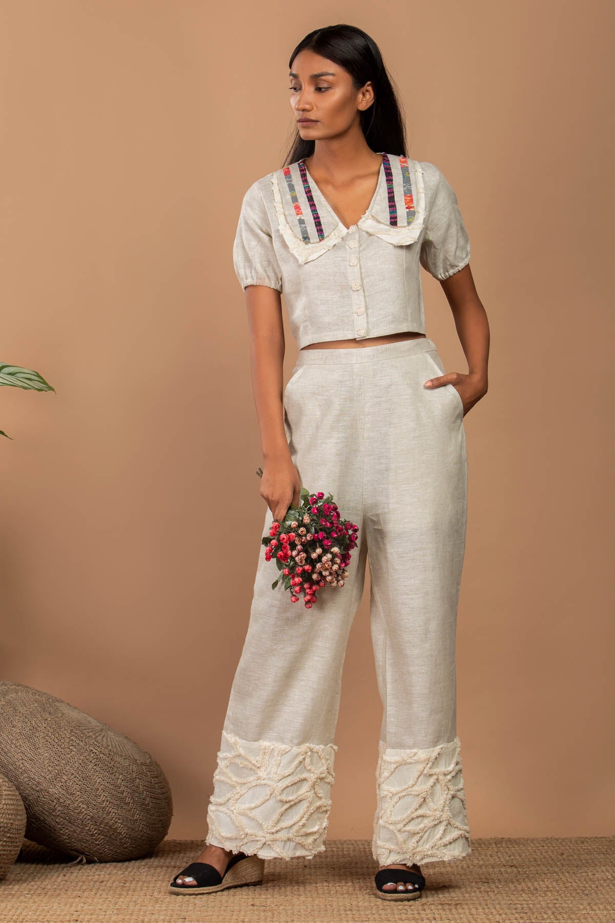 Cream Linen Peterpan Co-ord Set