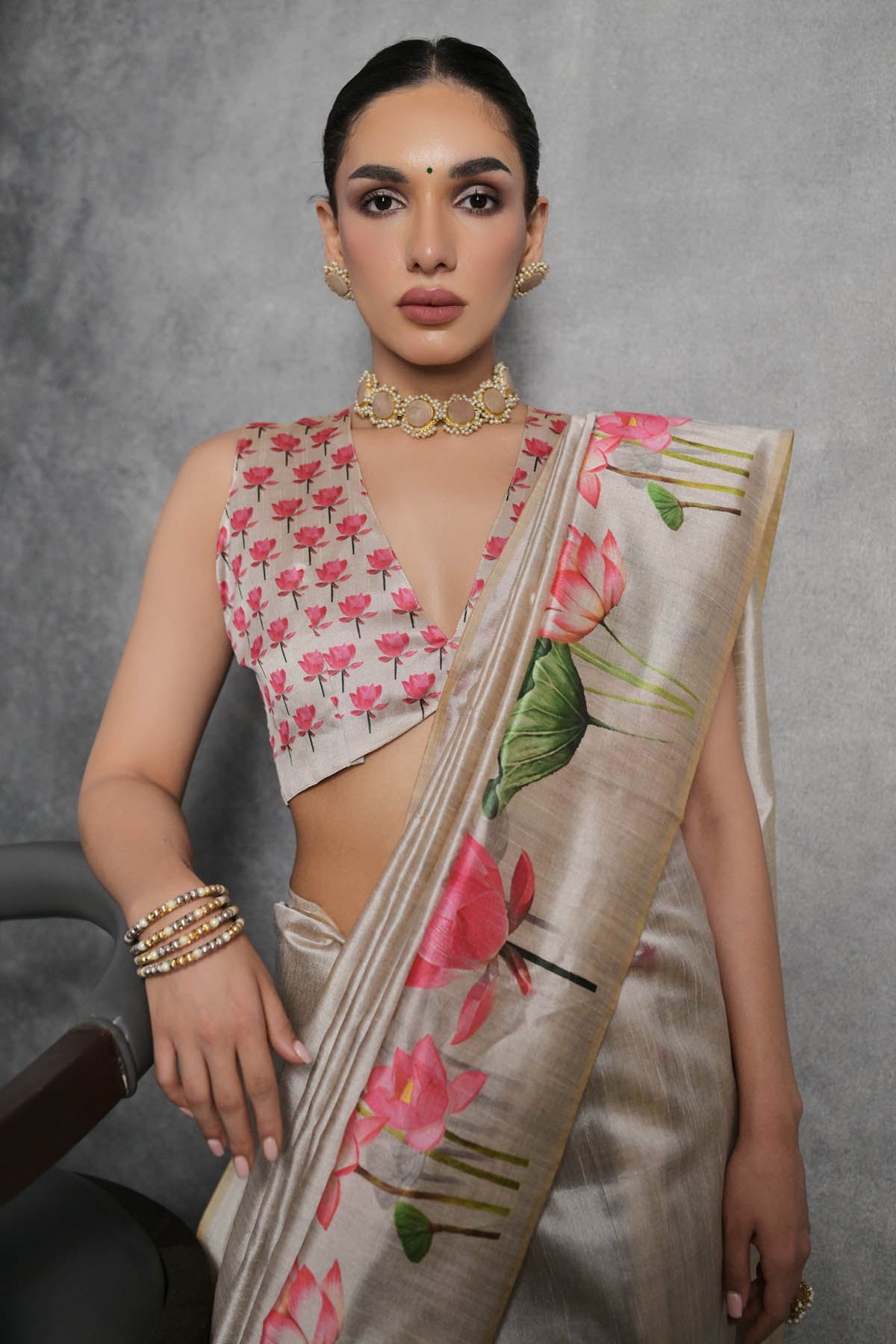 Cream Lotus Print Saree