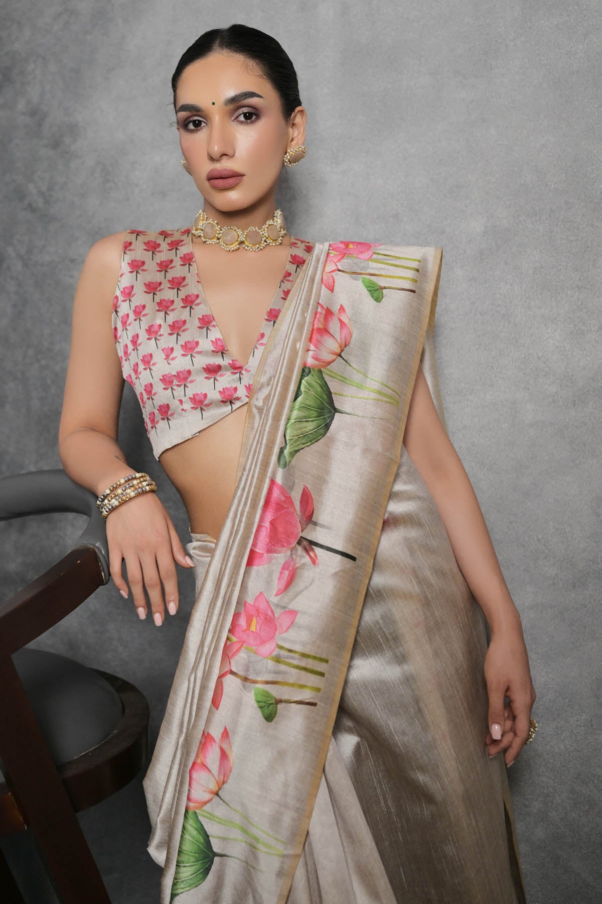 Cream Lotus Print Saree