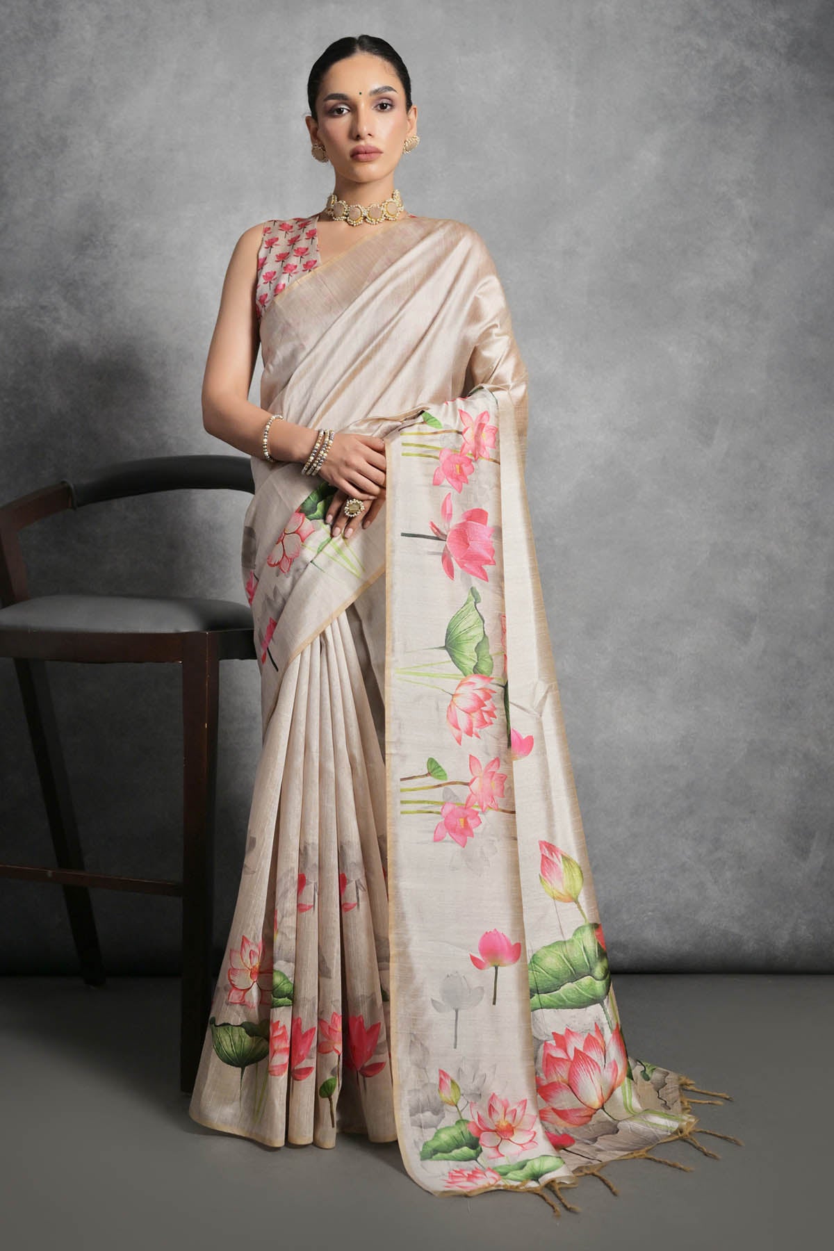 Cream Lotus Print Saree