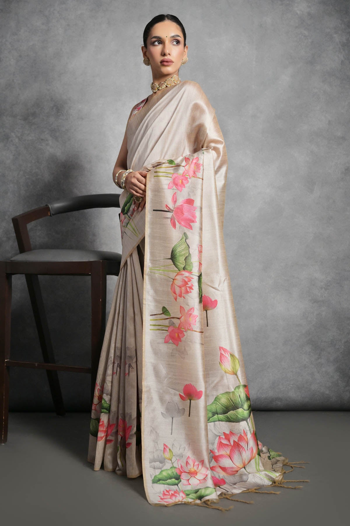 Cream Lotus Print Saree