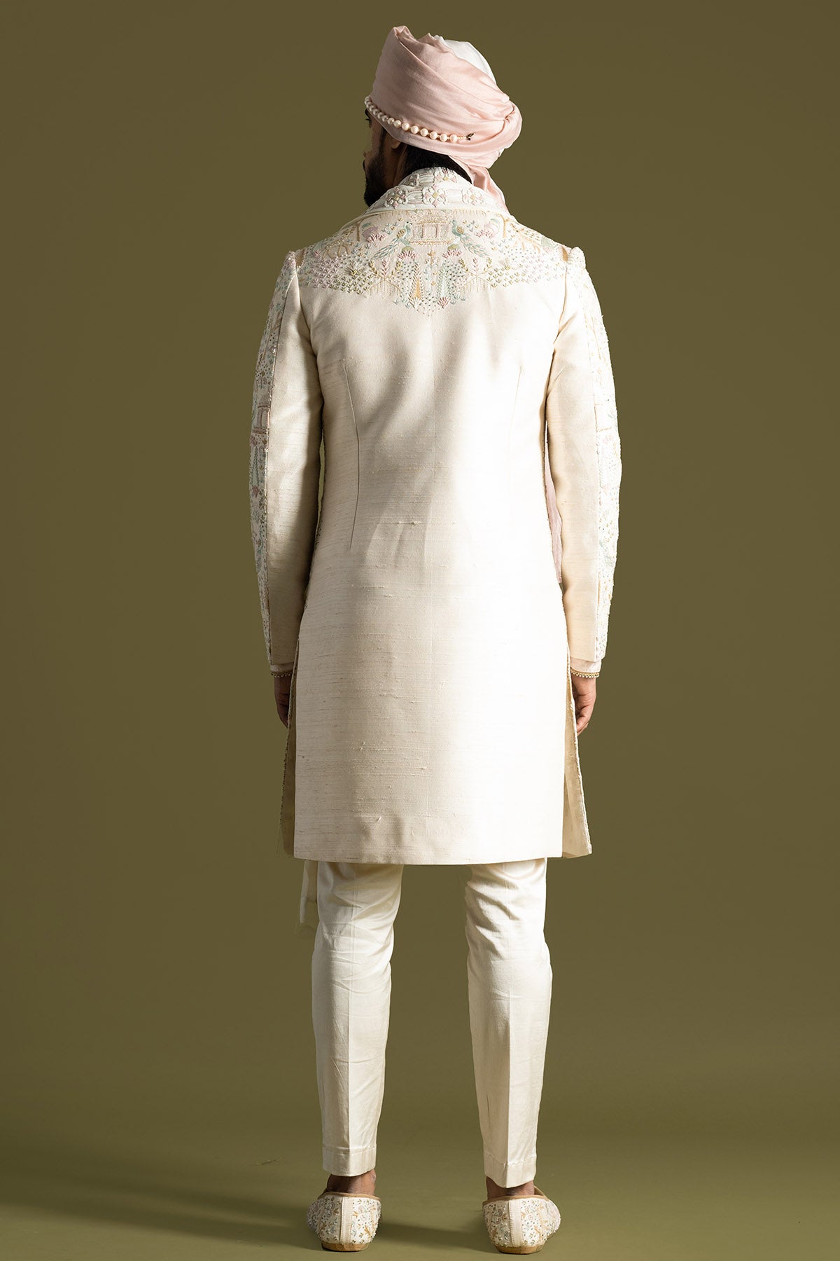 Cream Aari Embroidery Sherwani