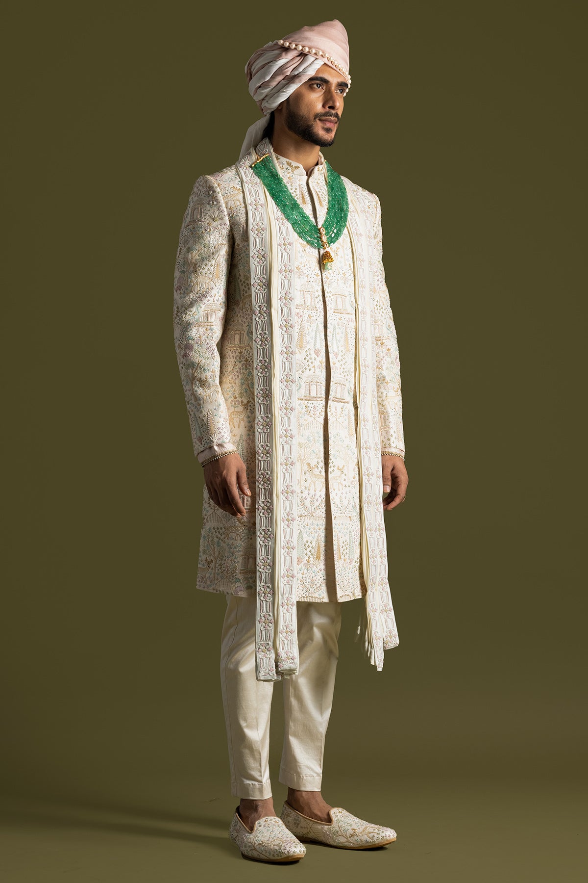 Cream Aari Embroidery Sherwani