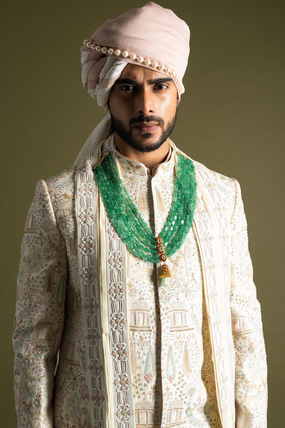 Cream Aari Embroidery Sherwani