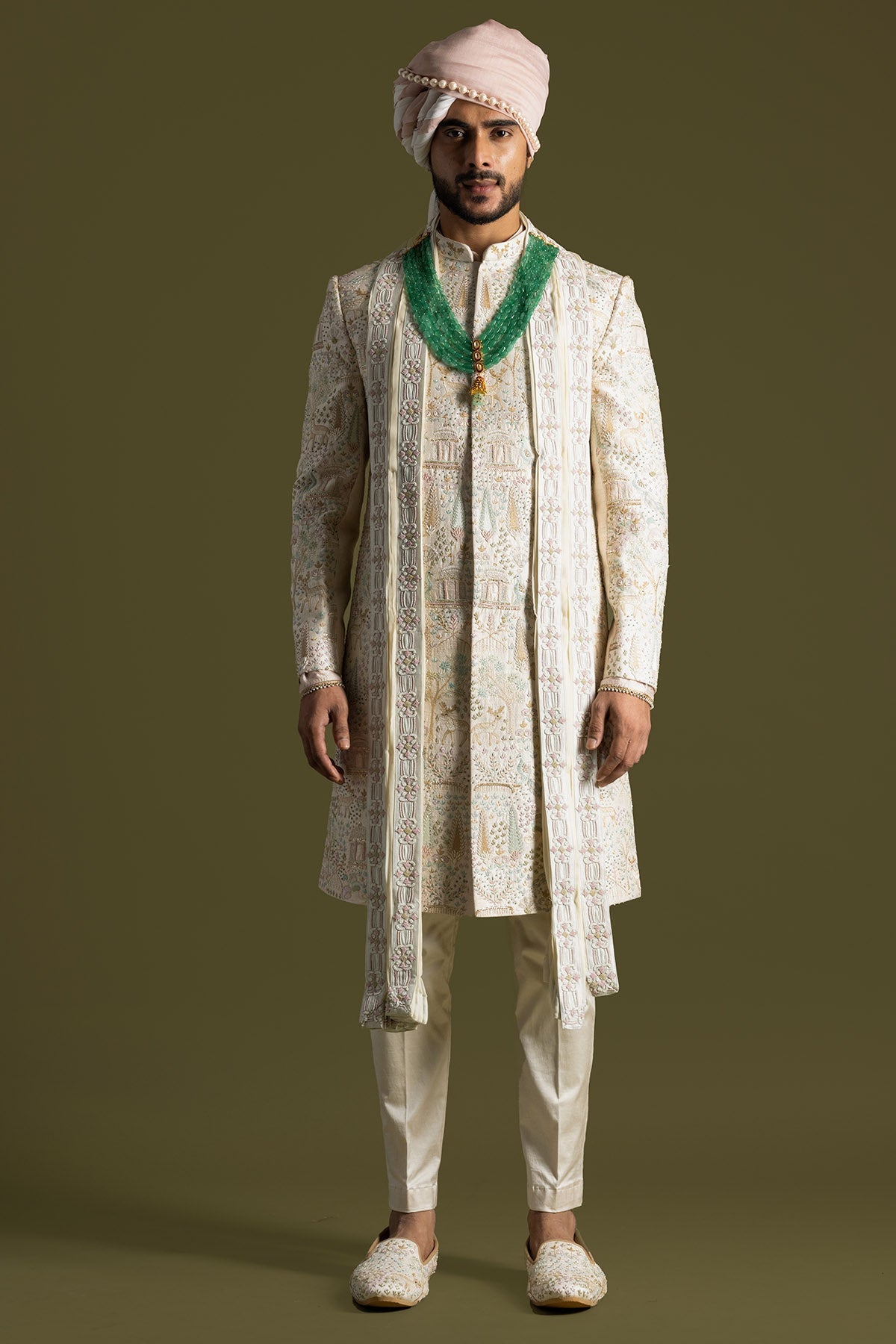 Buy Cream Aari Embroidery Sherwani for men by Paarsh Atelier online available at scrollnshops