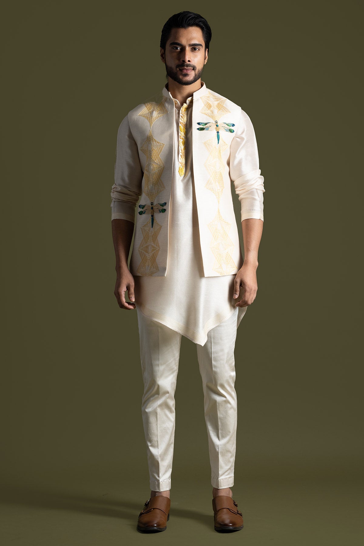 Buy Cream Applique Motifs Kurta Set for men by Paarsh Atelier online available at scrollnshops