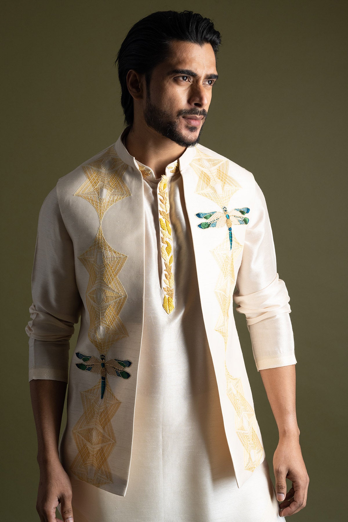 Cream Applique Motifs Kurta Set