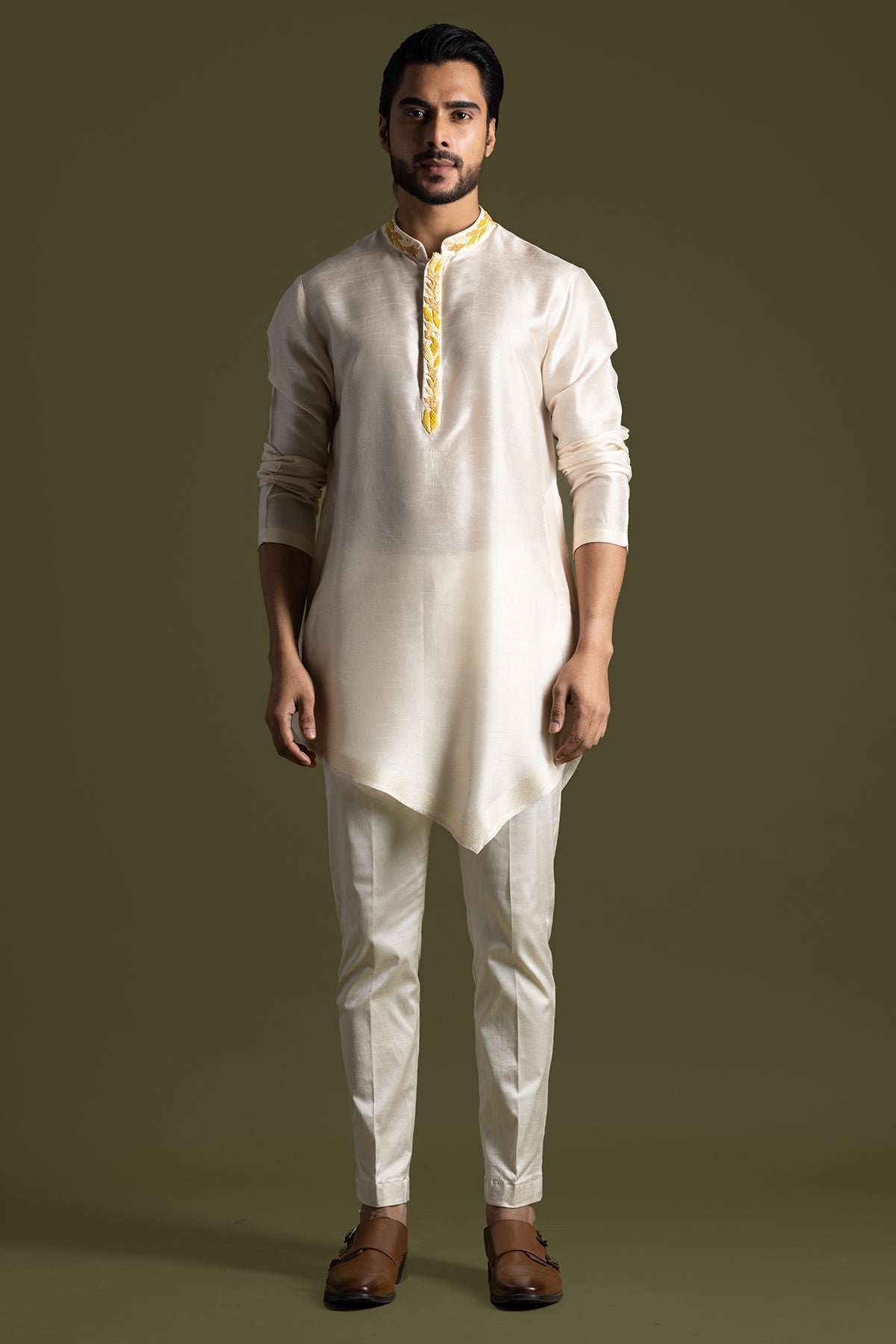 Buy Cream Asymmetric Kurta & Pants for men by Paarsh Atelier online available at scrollnshops