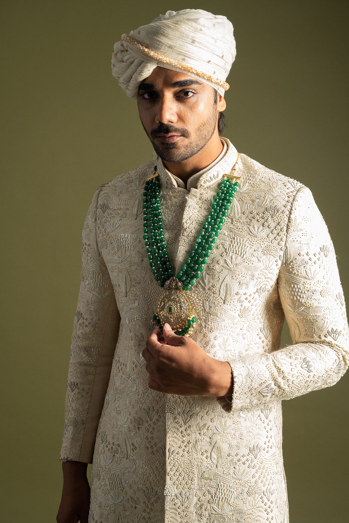 Cream Bamberg Silk Sherwani Set
