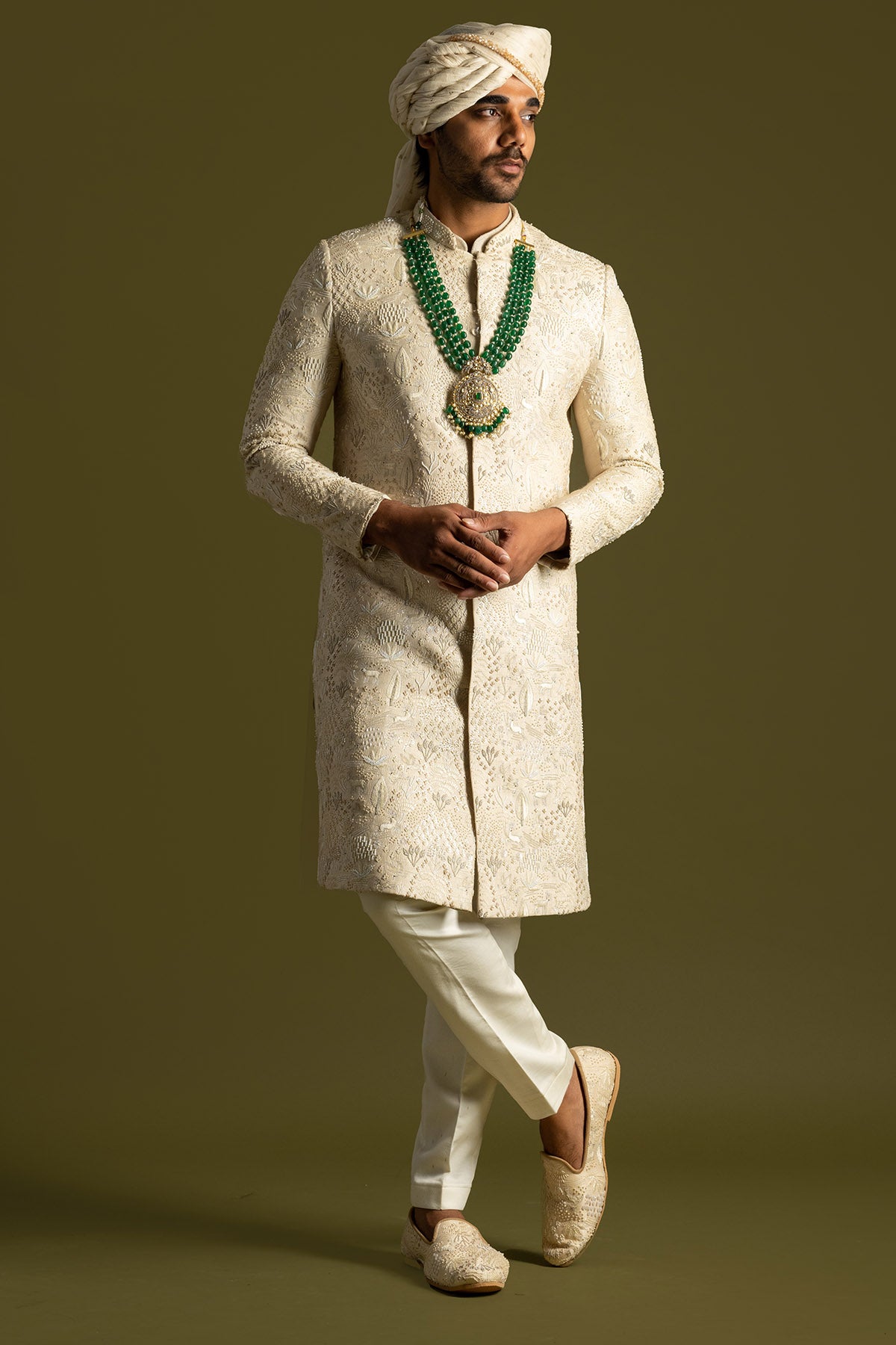 Cream Bamberg Silk Sherwani Set