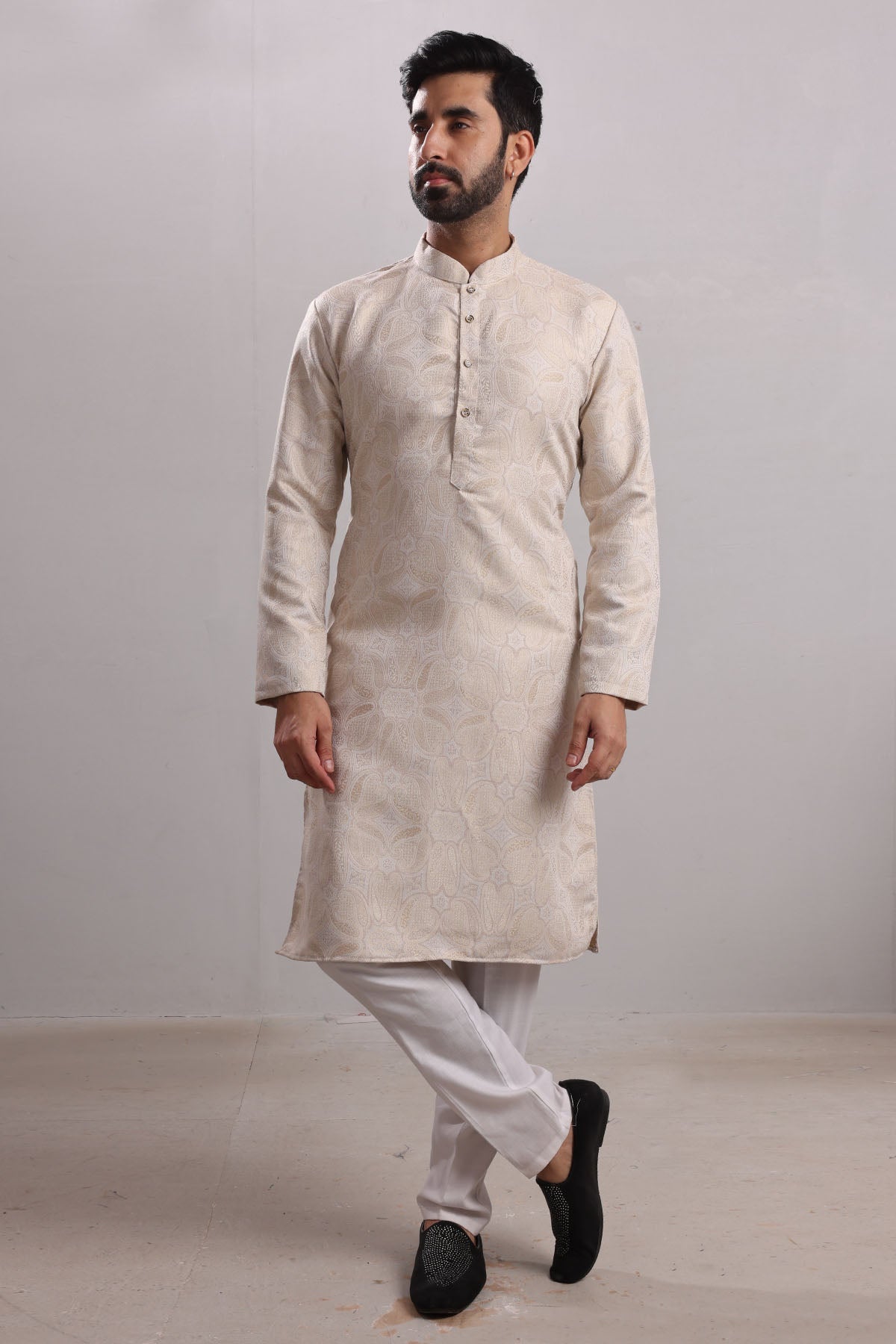 Buy Cream Brocade Silk Blend Kurta by SNEHA B - Men for men online at ScrollnShops