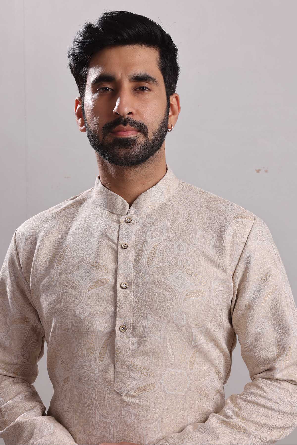 Cream Brocade Silk Blend Kurta