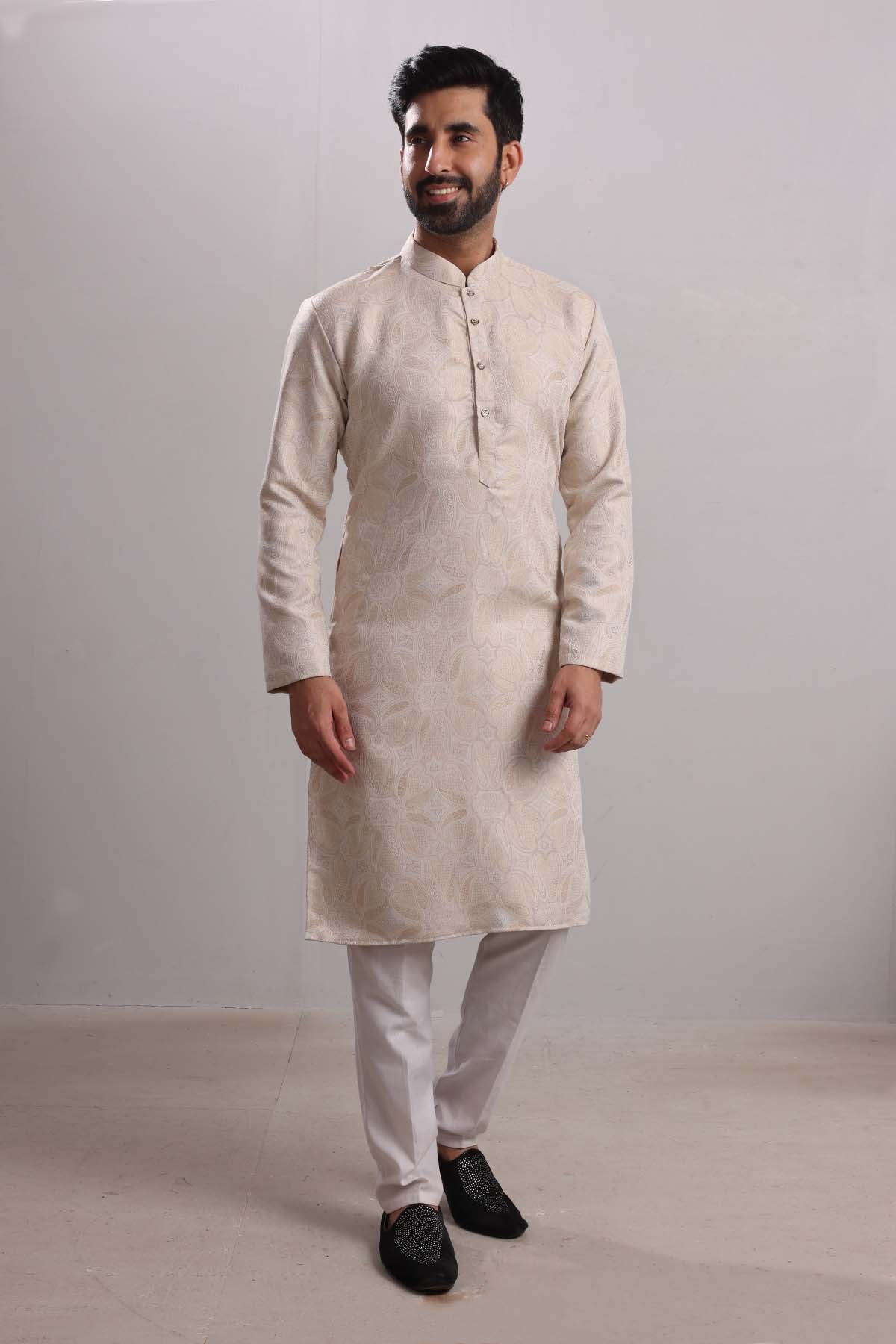 Cream Brocade Silk Blend Kurta