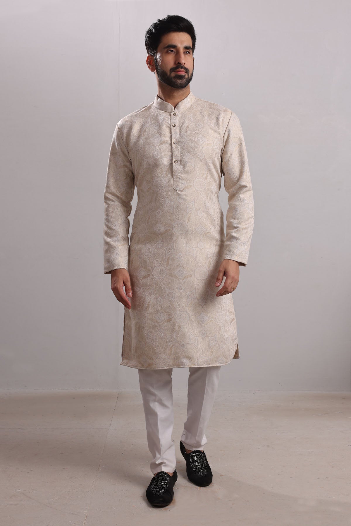 Cream Brocade Silk Blend Kurta