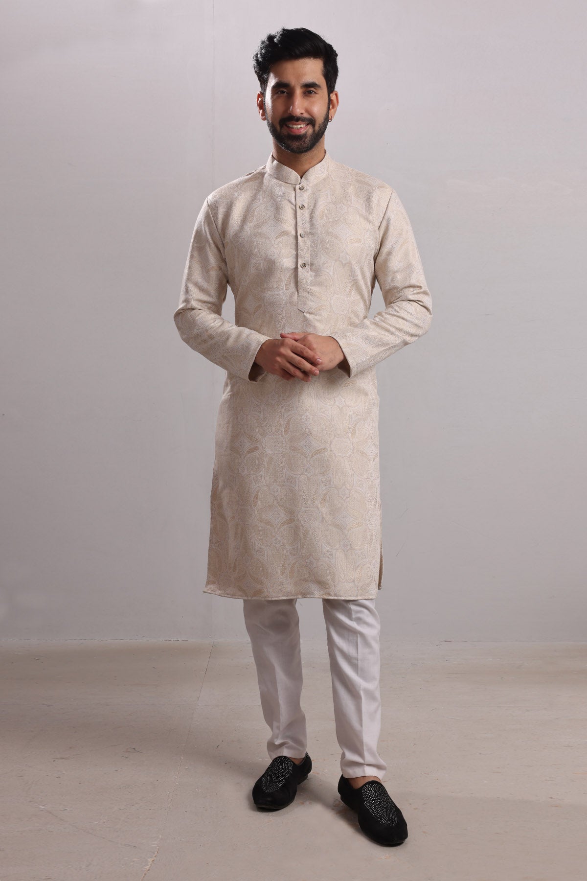 Cream Brocade Silk Blend Kurta