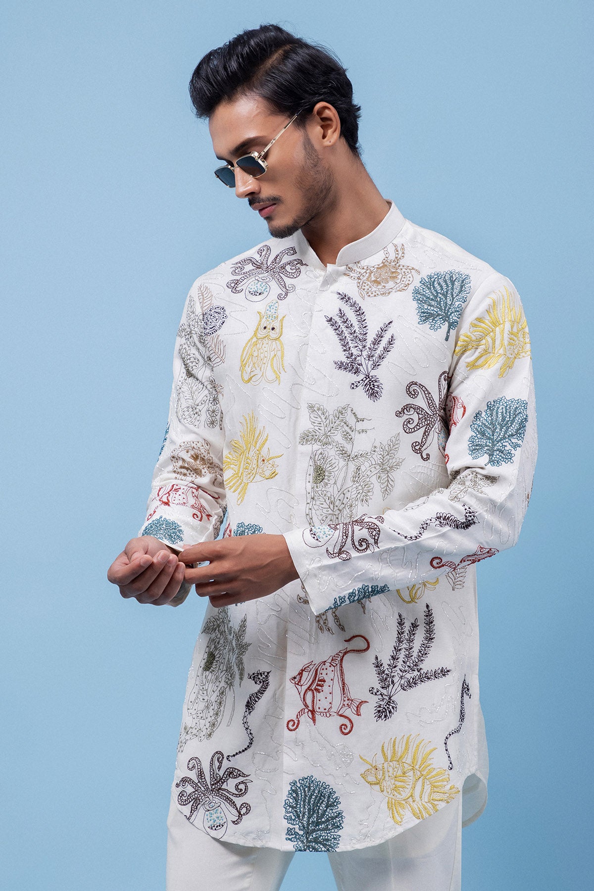 Cream Coral & Fish Motif Kurta