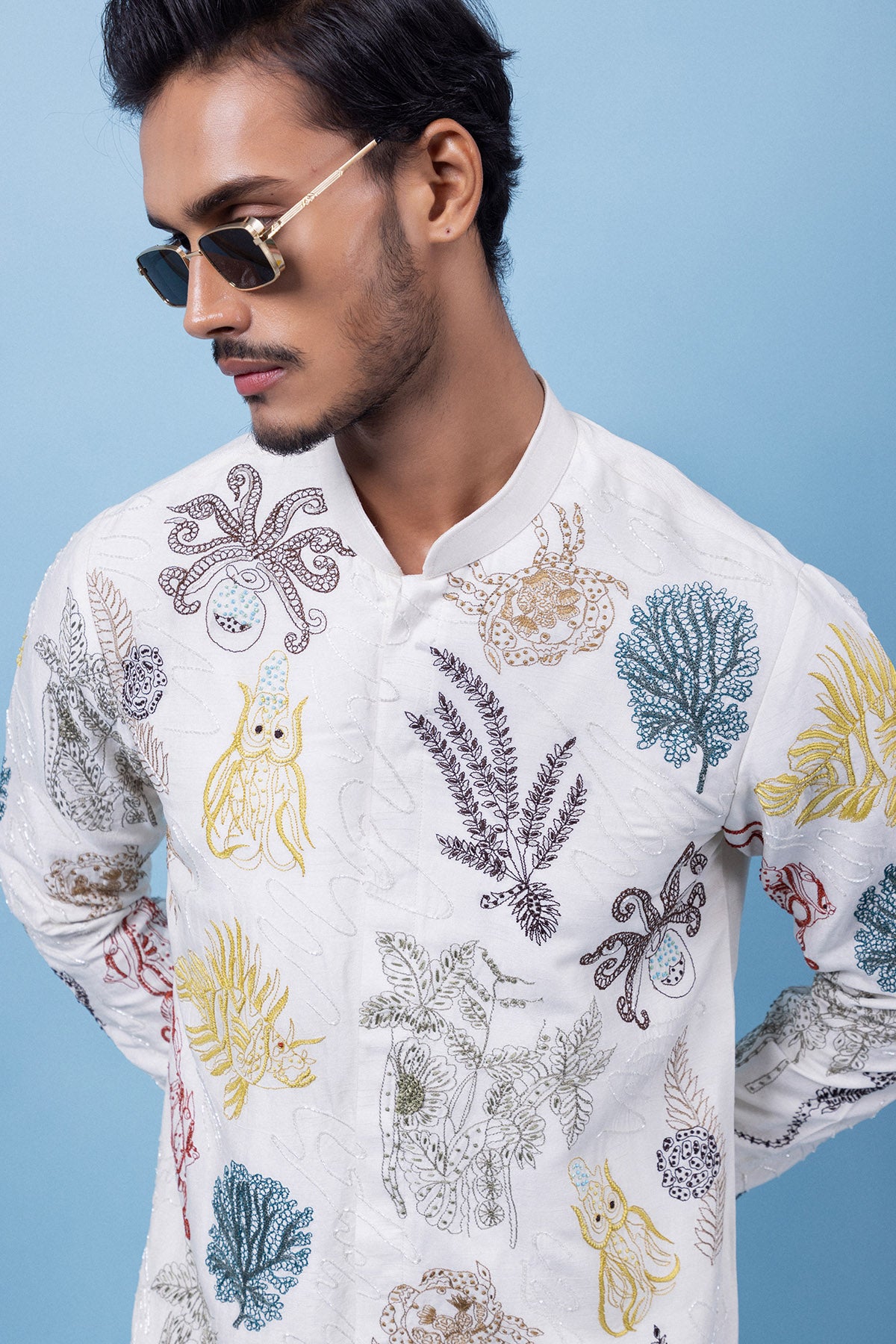 Cream Coral & Fish Motif Kurta